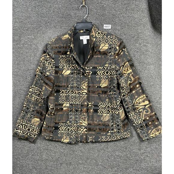 Ell Jay Jacket Womens Medium Black Gold Brown Abstract Pattern Button Up Canada - Picture 1 of 6